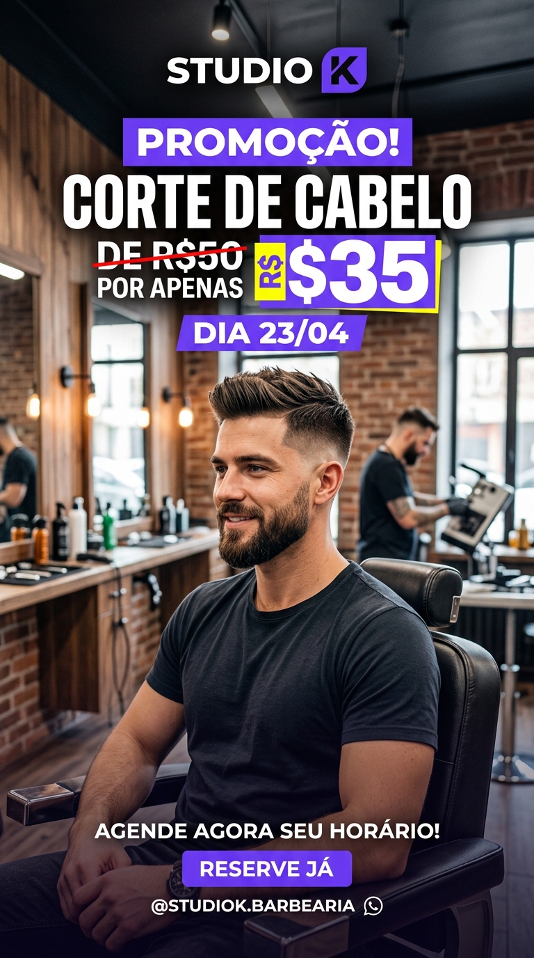 Arte de divulgação gerada pela Lumi a partir do pedido 'quero divulgar uma promoção de corte de 50 por 35 no dia 23/04'